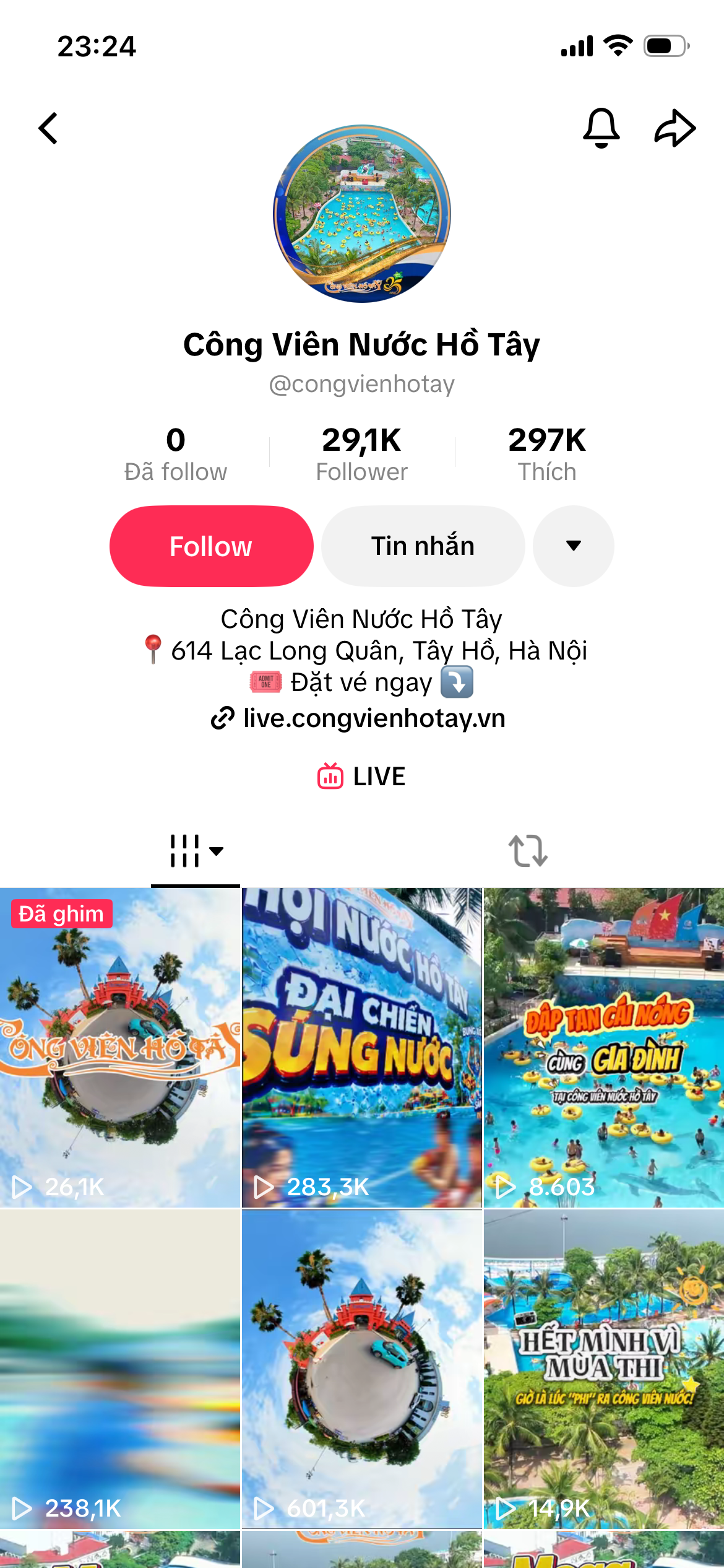 TikTok channel screenshot for Cong Vien Nuoc Ho Tay